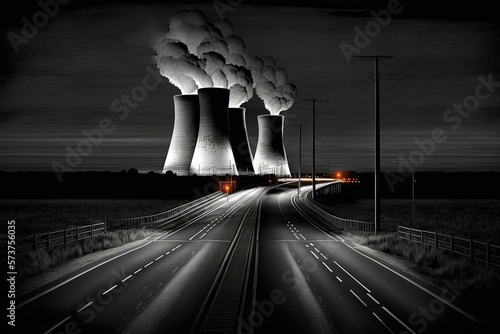 Ferrybridge Coal burning power station near Pontefract and Castleford, England, with the M62 highway illuminating its approach at night. Every single chimney and cooling tower. Generative AI photo