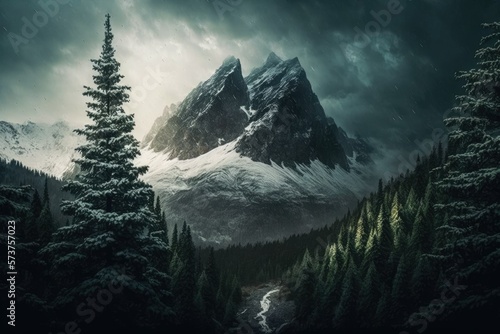 Fotobehang Rainy, cloudy weather in the mountains, with a dark green coniferous forest and a high, snowy mountain range