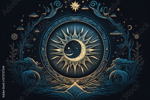Mystical bohemian backdrop  with a starry night sky  a crescent moon  a starry night sky  a starry night sun  a starry night moon  stars  and a concentric circle. Artistic take on an occult banner th