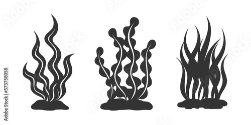 Seaweeds and underwater plants silhouette vector collection. Aquarium, ocean and marine algae water plants. Laminaria kelp and other seafood set