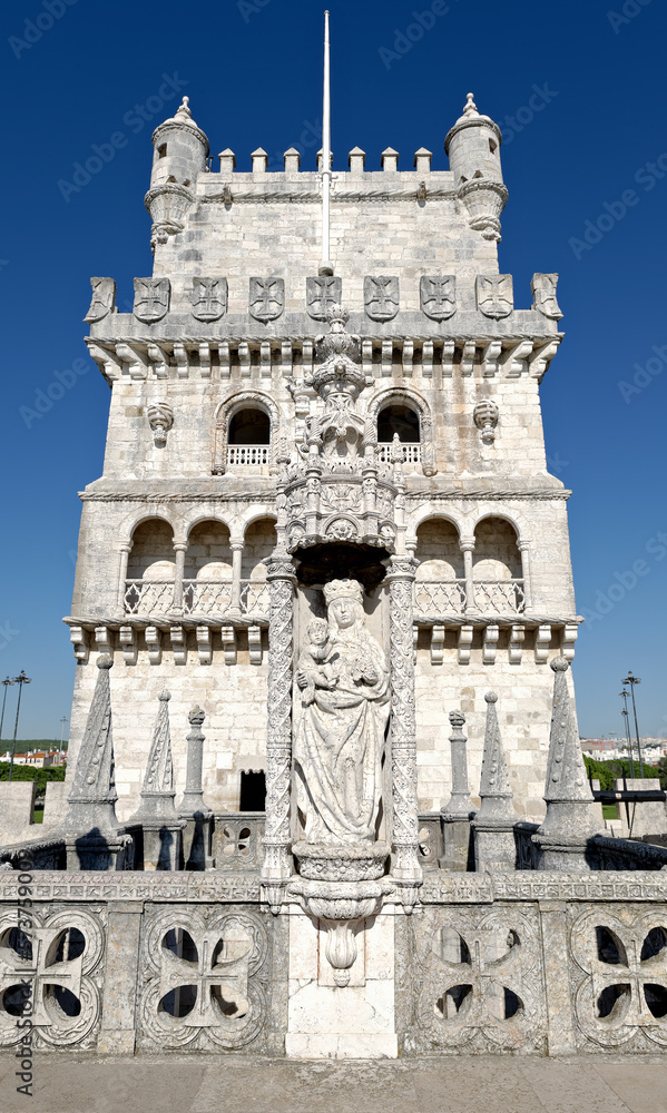 Statue of St. Mary and Child at Belem tower in Lisbon, Portugal