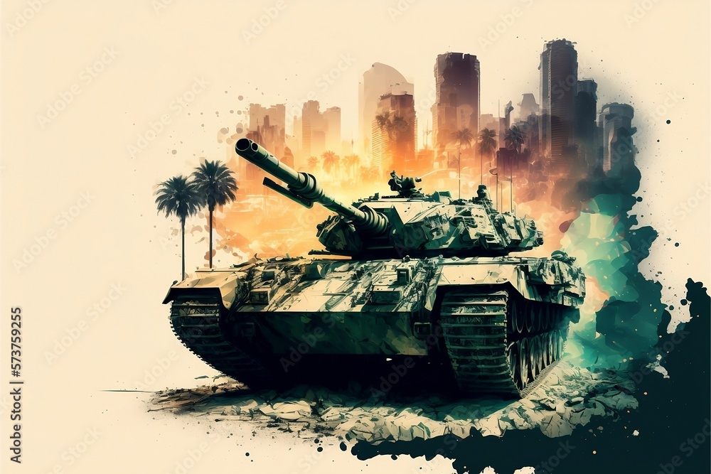 AI generated 3D render of an abstract military tank at war zone poster with muted colors.