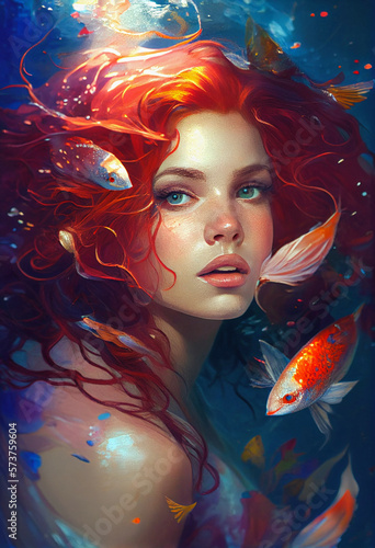 Fotografiet mermaid underwater beauty woman with flowing red hair fish swimming, generative