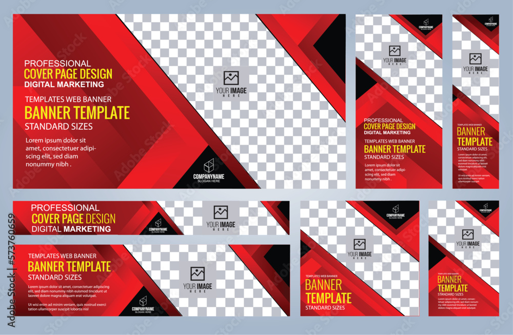 Set of Red and Black Web banners templates, Coverpage Standard sizes with space. Vector illustration