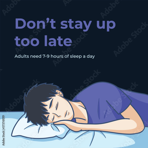 Don't stay up too late, sleep is important vector illustration with man sleeping drawing isolated on square template