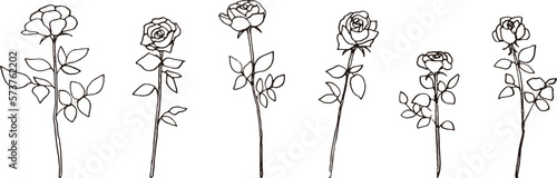 モノクロ線画の薔薇イラスト。モノクロのベクター薔薇イラスト。手描きのシンプル植物画。Black-and-white line drawing rose illustration. Black-and-white vector rose illustration. Hand-drawn simple botanical drawing.