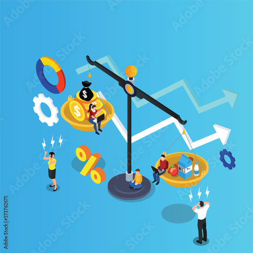 Scales with food and gold coins. Goods and services costs 3d isometric vector illustration concept for banner, website, landing page, ads, flyer template