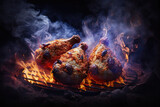 crispy breaded chicken drumsticks on a grill with smoke and fire background, generative Ai