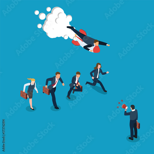 Businessman flying forward with a rocket engine in a business compeition 3d isometric vector illustration concept for banner, website, landing page, ads, flyer template