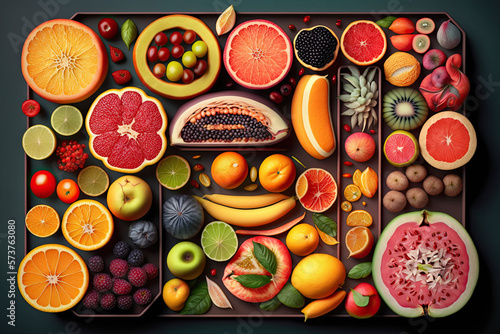lay flat overhead view of lots of colorful fruits, generative AI