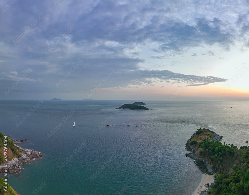 aerial panorama photography colorful sky in twilight above Promthep cape viewpoint . .Promthep cape is the most popular and famous viewpoint in Phuket island. .Scene of Colorful light in the sky