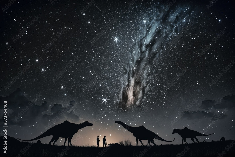 This image depicts Brontosaurs gazing at the meteor shower that preceded the greater asteroid crash that ultimately wiped off the dinosaurs 65 million years ago. Generative AI