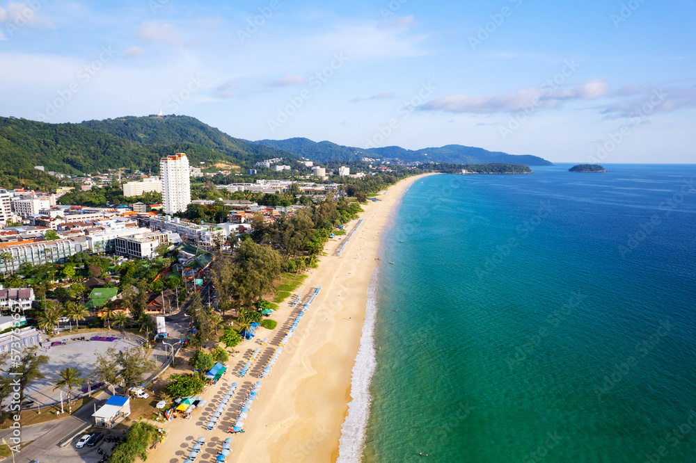 Aerial view of amazing beach with people relax on the beach sea, Beautiful karon beach Phuket Thailand, Amazing sea beach sand tourist travel destination in andaman sea, Travel and tour concept