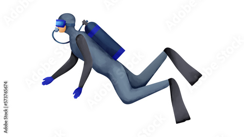 泳ぐ潜水士の水彩風イラスト Swimming diver. Watercolor style illustration.