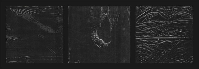 Polyethylene packaging for CD cover, vinyl. Torn packaging effect. Design overlay cover set. Photo scanned covers square shape for overlay. Collection for cd, vinyl design. Photo