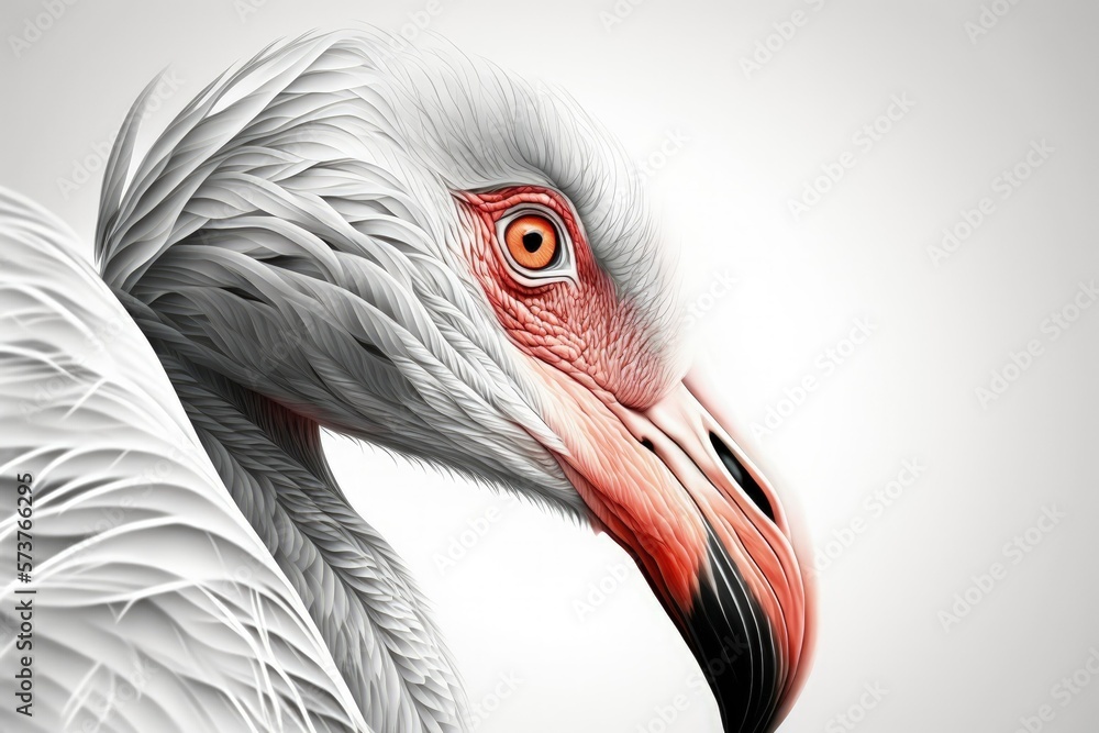 Fototapeta premium The greater flamingo, or Phoenicopterus roseus, is a species of bird. Focus on the one bird preening its feathers while the others look on. Image focusing in on the head and neck area. Generative AI