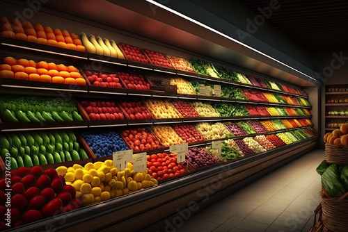 Vibrant produce on display in a modern supermarket. Fresh fruits and vegetables in shelf. Generative AI