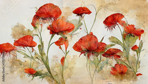 Poppy flowers set watercolor illustration isolated on white background. Generative Ai