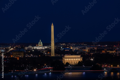 Aerial View., Night Scene, Illuminated  National Mall in Downtown Washington, DC with Lincoln Memorial, Washington Monument and US Capitol Building - Copy Space, Tourist Attractions