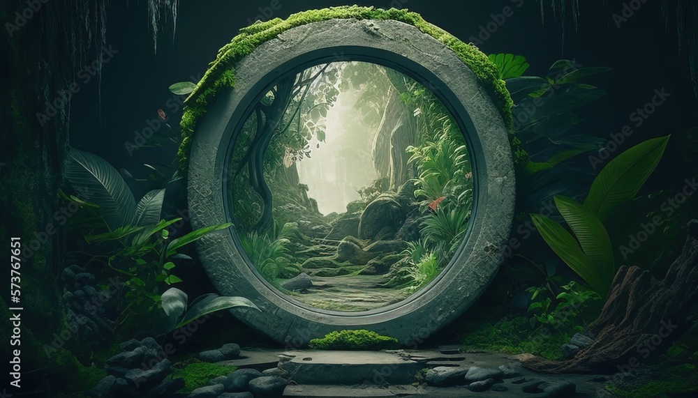 Enchanting portal hidden in lush tropical forest, beckoning to adventure - obrazy, fototapety, plakaty 