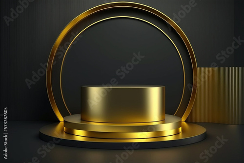 Gold Product Background Stand or Podium Pedestal on Luxury Advertising Display with Blank Backdrops. 3D Illustration Rendering