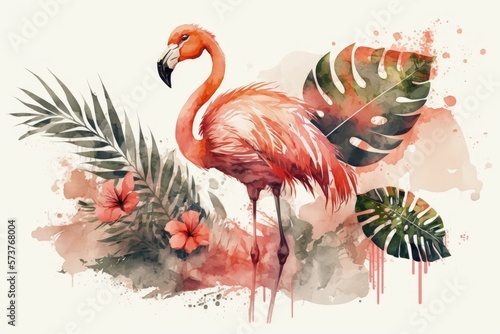 watercolor of a flamingo, a hibiscus, and some palm leaves. Generative AI © 2rogan