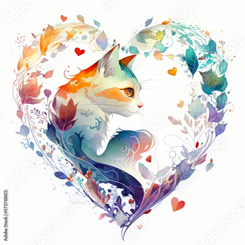 Watercolor Illustration of a Flowery Vintage Heart and Cat Design  Made in Part with Generative AI 