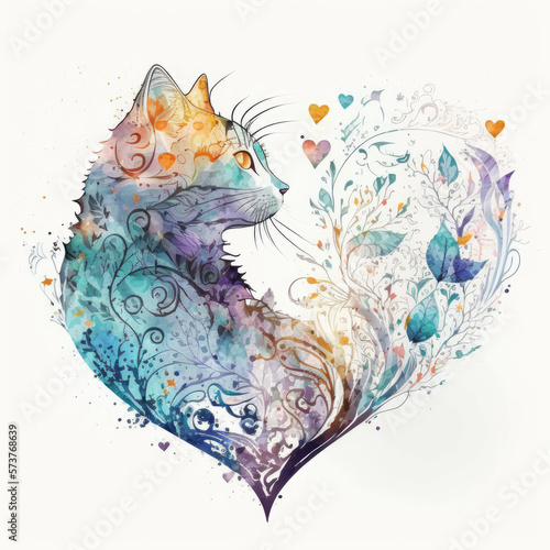 Wallpaper Mural Watercolor Illustration of a Flowery Vintage Heart and Cat Design, Made in Part with Generative AI
 Torontodigital.ca