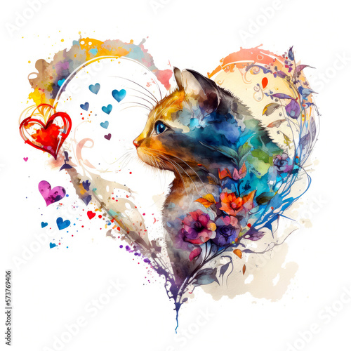 Watercolor Illustration of a Flowery Vintage Heart and Dog Design, Made in Part with Generative AI 
