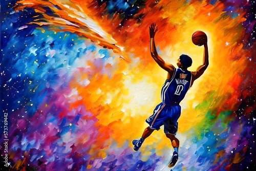 an expressive oil painting of a basketball player dunking, depicted as an explosion of a nebula © AbsAI