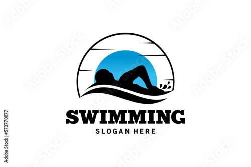 Swimming vector illustration logo design with creative sky background