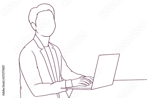 Successful businessman with a laptop in a hand drawn vector illustration