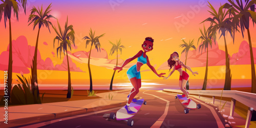 Young sexy woman on skateboard riding along the palm road at sunset. Cartoon tropical summer vector landscape background for design travel illustration. Female together enjoying speed skateboarding.