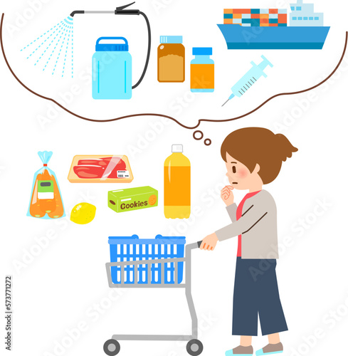 食品の添加物や農薬が気になる買い物中の女性