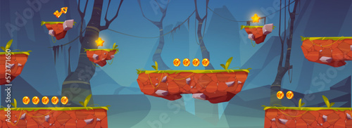 Cartoon 2d vector isolated floating platform asset for game. Forest background scene for ui animation. Jump level on ground. Flying island with grass illustration. Summer adventure in jungle.