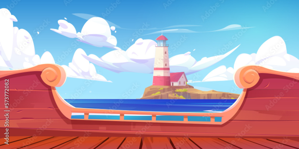 Sea landscape with lighthouse on island, ship deck view. Cartoon vector background, illustration with house on rocky coast in calm ocean. Beacon and building on harbor. Beautiful seascape at sunny day - obrazy, fototapety, plakaty 