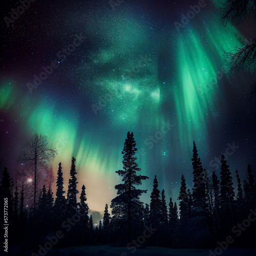 forest in the northern lights sky