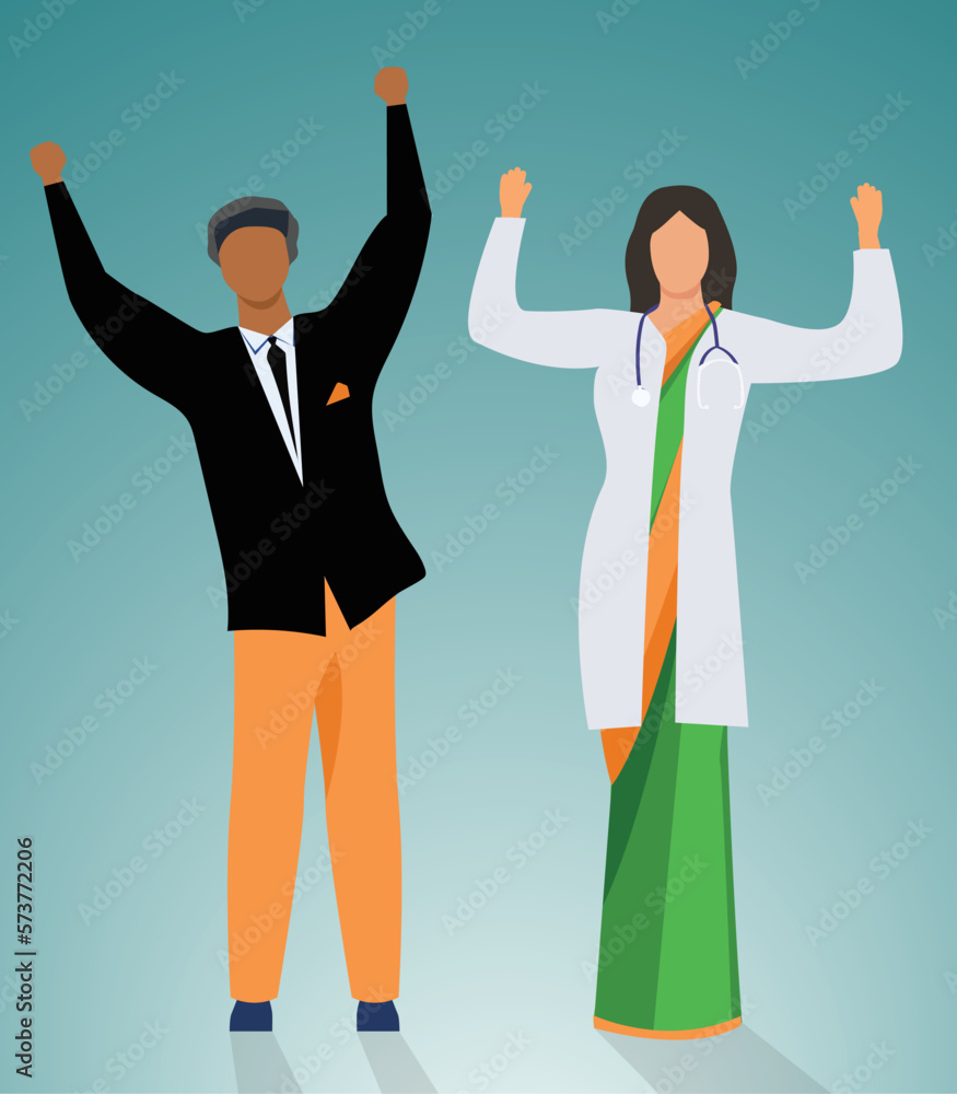Man and woman having fun and enjoying by raising hands up. Young professionals cheering for the success. Vector illustration of young couple dancing on the floor. 
