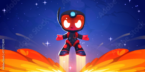 Vector cartoon game background with cosmonaut angry character fly up in flame. Spaceman boss takeoff from fire in videogame. Galaxy mission with interstellar demon in red helmet and armor.