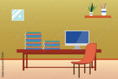 Home office interior room background study table books Vector illustration