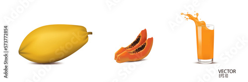 vector illustration papaya and two slice of papaya and papaya juice glass design template.