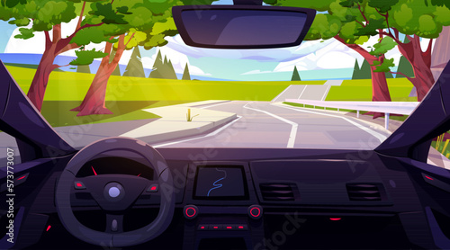 Car drive on road inside view. Vehicle interior with steering wheel, dashboard, gps navigator and windscreen with view of summer countryside landscape, vector cartoon illustration