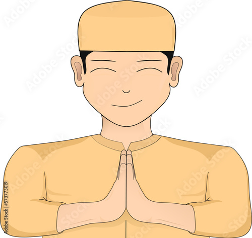 Vector flat design of muslim boy with cream koko shirt and peci (cap), isolated on white background, eid Mubarak cartoon