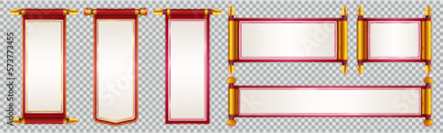 Chinese paper scroll vector banner set. Red and gold Japanese dialogue frame for interface game. Blank old realistic parchment golden roll isolated on transparent background.