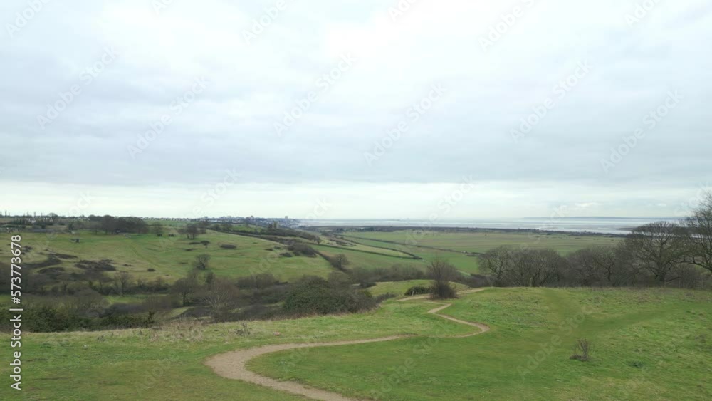Aerial view of fields and mountain bike trails at Hadleigh Park, drone Aerial view of fields and mountain bike trails at Hadleigh Park, drone