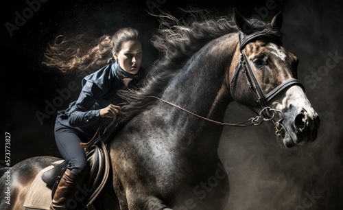 Female rider on beautiful horse running gallop, Generative AI © Adriana