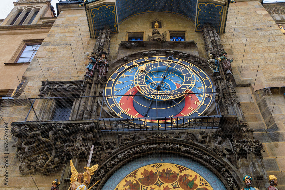 Obraz premium Prague astronomical clock close-up. The main attraction of the capital of the Czech Republic. Background