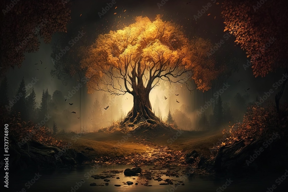 Fototapeta premium a gloomy autumn forest in a fantasy world. Generative AI