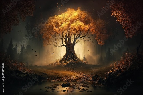 a gloomy autumn forest in a fantasy world. Generative AI Fototapeta