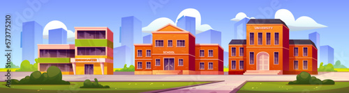 Buildings of school, kindergarten and university and yard with green grass. Summer landscape with education houses, college, primary school and daycare center, vector cartoon illustration